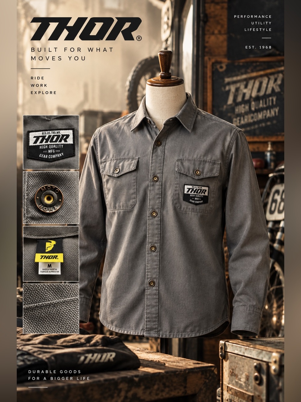 Thor Men's Casual Duck Cotton Gray Button-Down Shirt